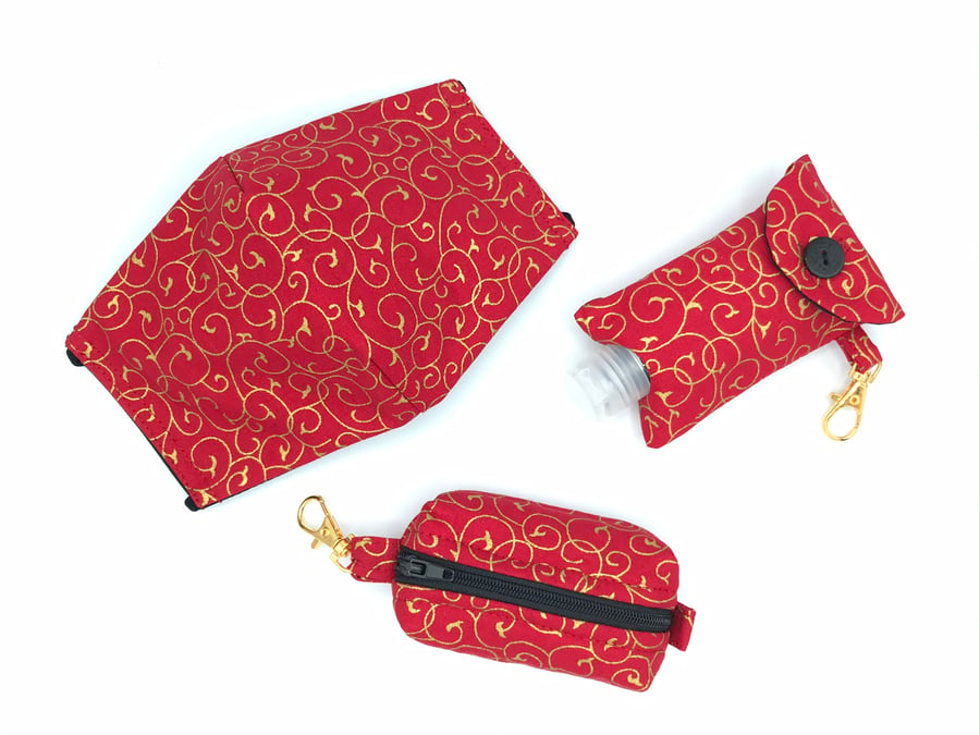Red and Gold Face mask, hand gel holder and keyring bag gift set