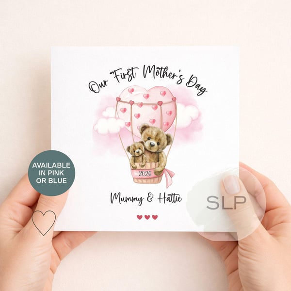 Our First Mother's Day Card Personalised Teddy Hot Air Balloon Keepsake