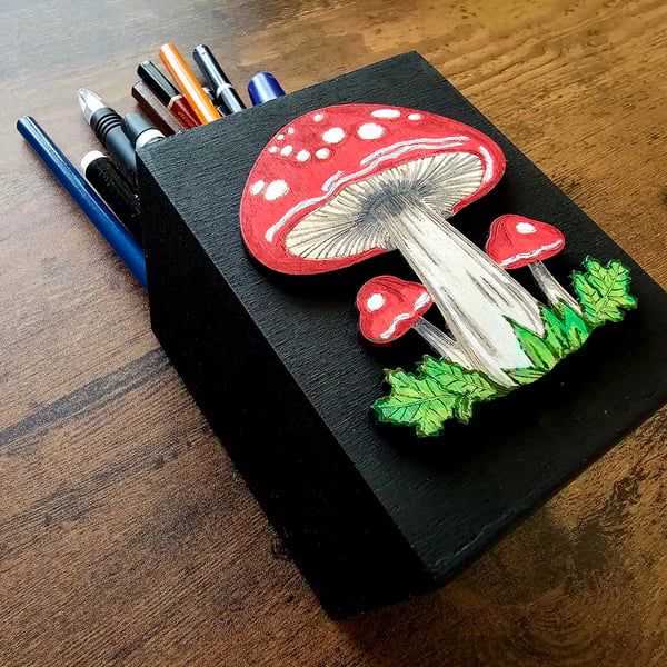Handpainted Mushroom Embellished pen, brush pot or desk tidy
