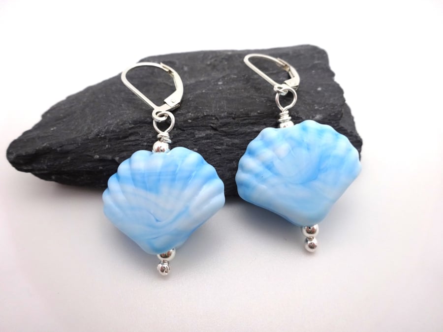 pastel blue lampwork glass shell earrings