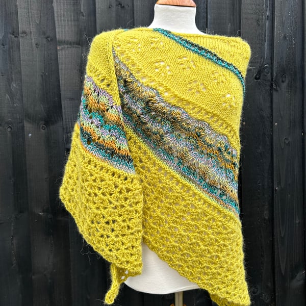 Long grass Grace mohair hand knitted textured lace shawl with crochet edge