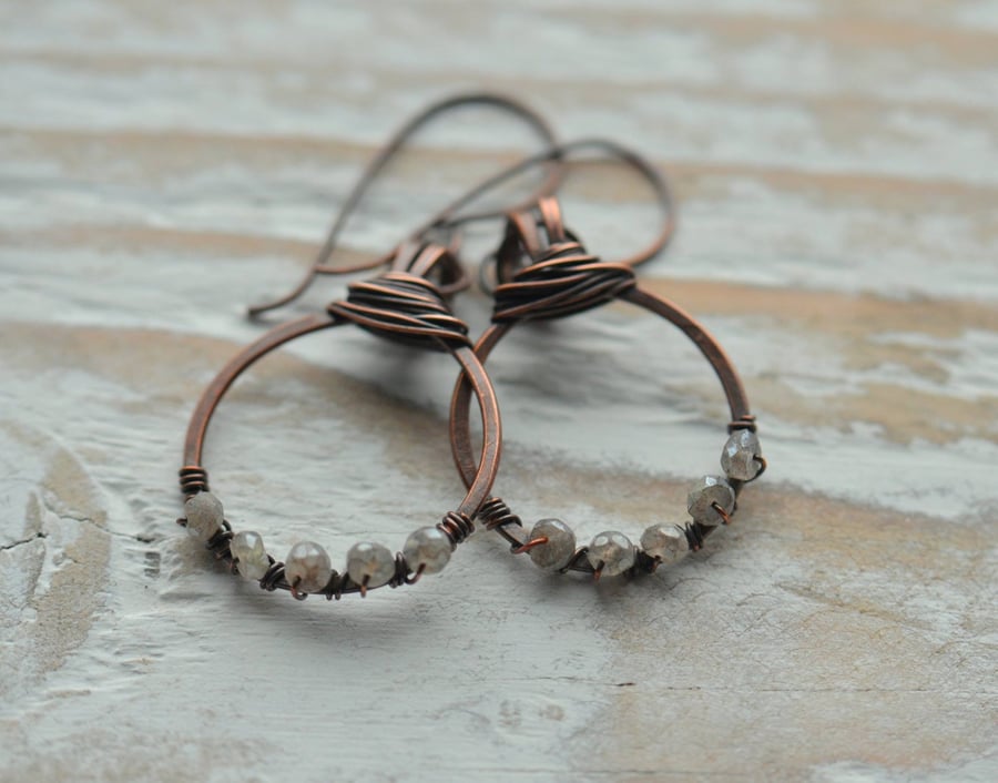Handmade Copper Hoop Earrings with Labradorite Gemstone Beads