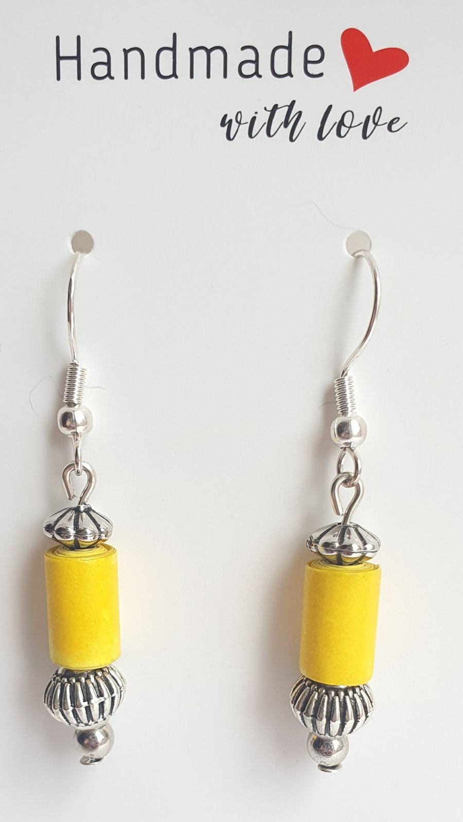 Small distinctive yellow paper beaded earrings with antique silver beads 