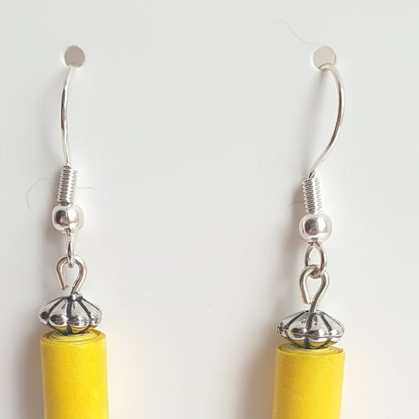 Small distinctive yellow paper beaded earrings with antique silver beads 