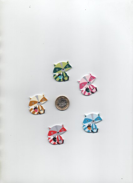 5 assorted painted shaped comical RACCOON shaped wood BUTTONS CLEARANCE