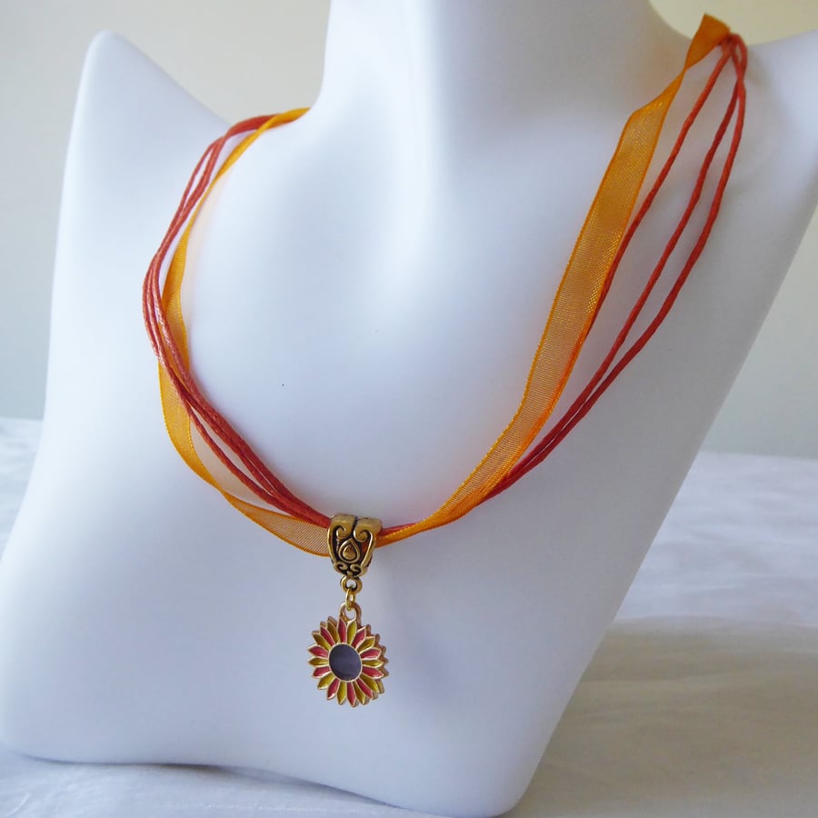 Orange & Yellow Enamelled Sunflower Pendant with Ribbon & Cord Necklace