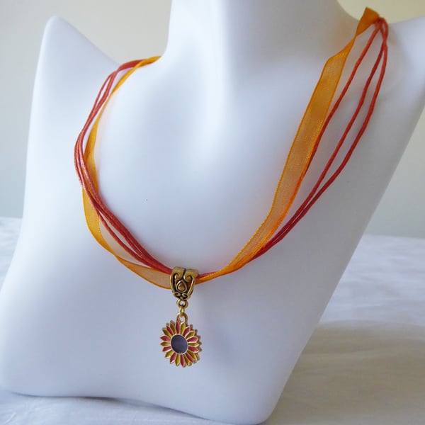 Orange & Yellow Enamelled Sunflower Pendant with Ribbon & Cord Necklace