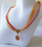 Orange & Yellow Enamelled Sunflower Pendant with Ribbon & Cord Necklace