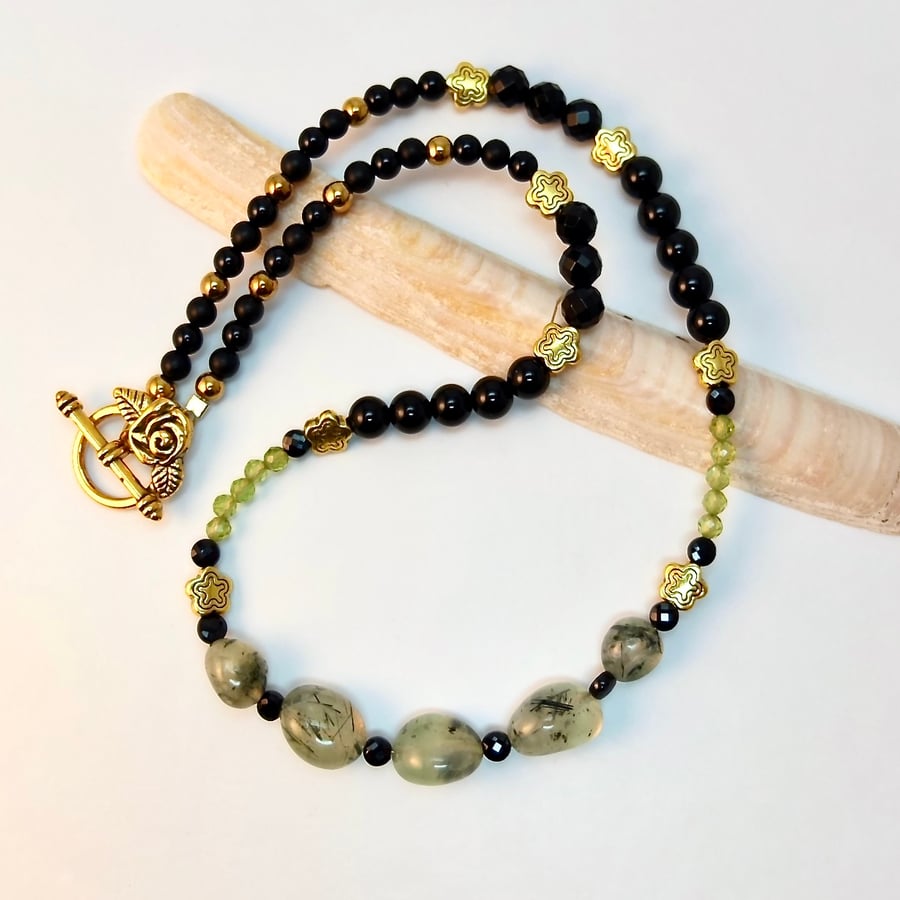 Prehnite, Onyx And Peridot Necklace With Black Spinel - Handmade In Devon