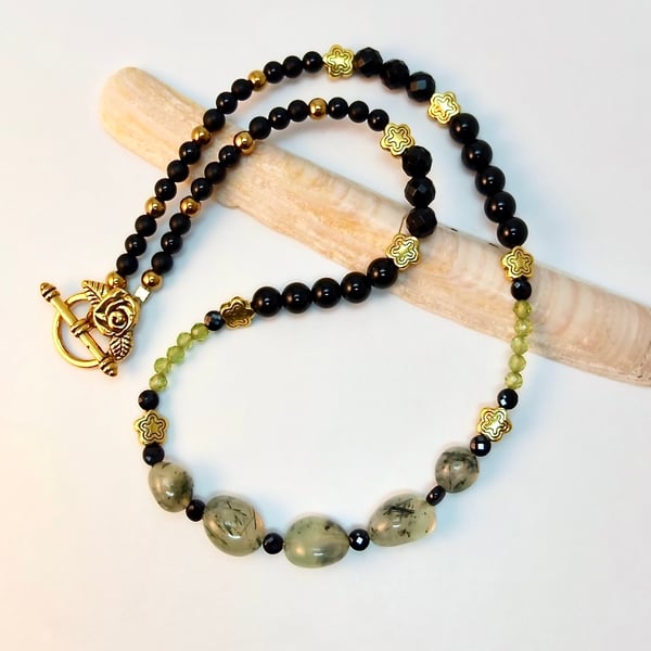 Prehnite Onyx And Peridot Necklace With Black Spinel Handmade