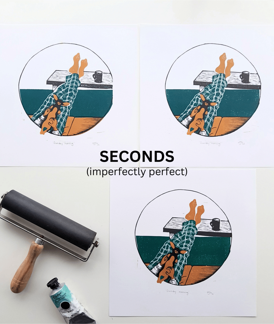 SECONDS Imperfect Handprinted Dachshund Linocut Relaxing Linoprint