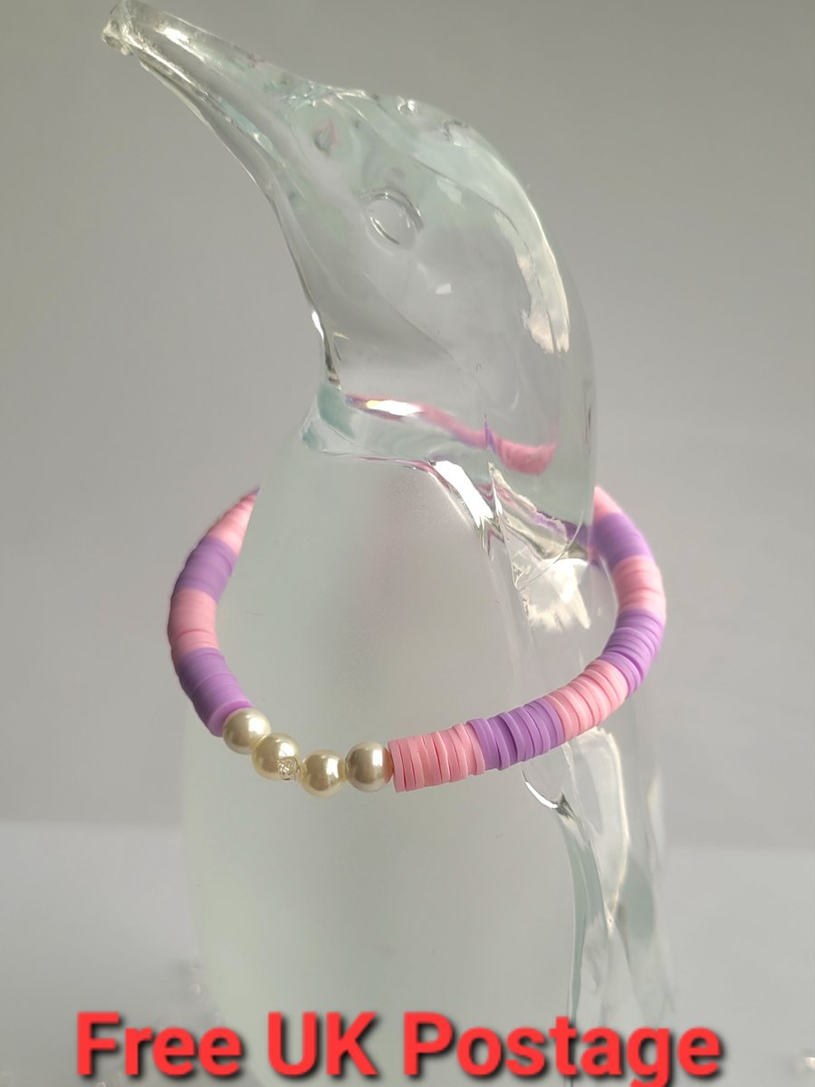 Pastel pink and pastel lilac polymer clay bead bracelet