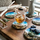 Handmade Coastal Resin Coaster - Ocean Wave Drink Mat - 10cm with Cork Base