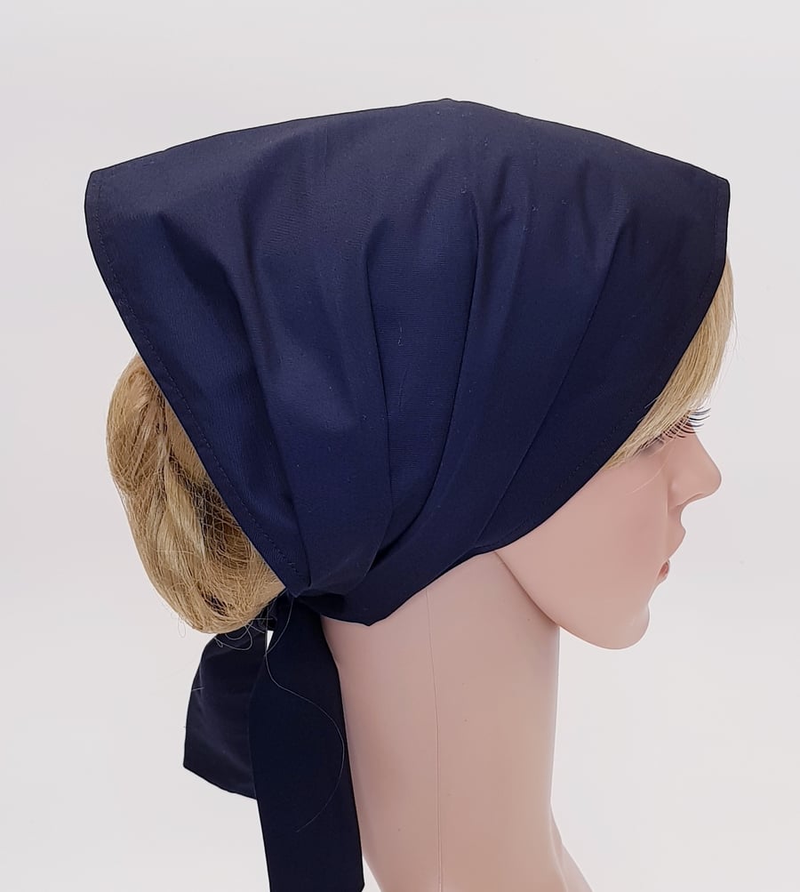 Navy blue wide cotton head wear for women, self tie hair covering, bandanna