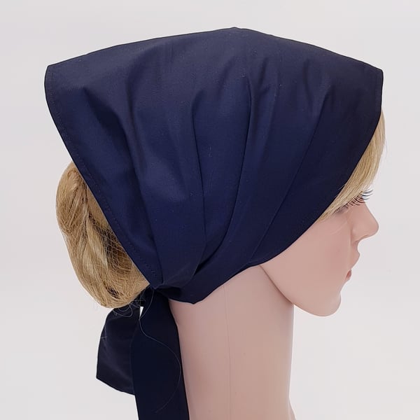 Navy blue wide cotton head wear for women, self tie hair covering, bandanna