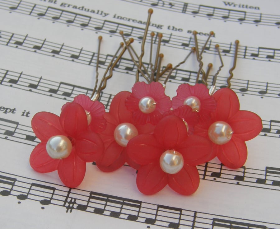 Red flower hair pins Brides, Bridesmaids, Flower Girls, Proms, set of 8