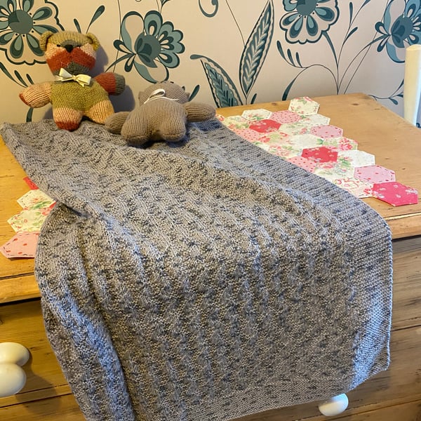 One-Off, Hand Knitted Grey, Gender Neutral Baby Blanket