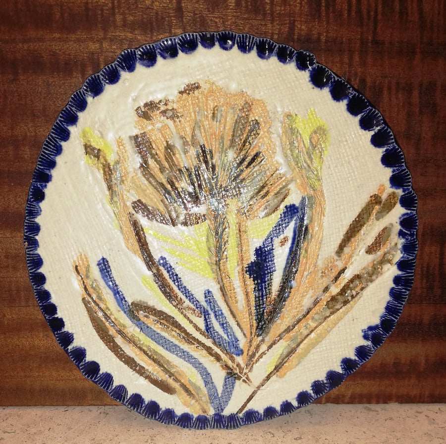Beautiful free-hand flower decorated ceramic trivet, oven to table ware