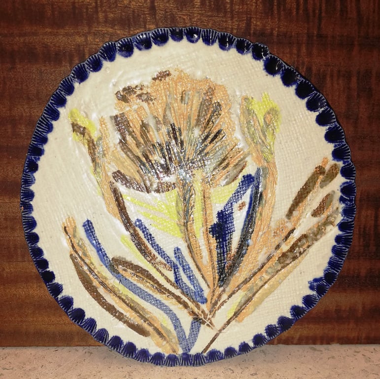 Beautiful free-hand flower decorated ceramic trivet, oven to table ware