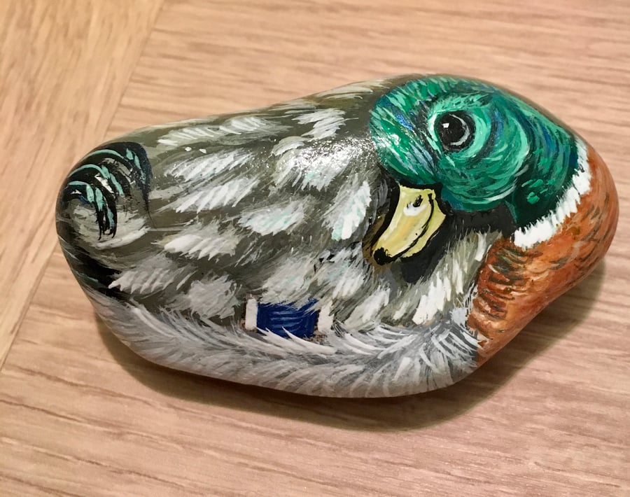 Duck hand painted pebble garden rock art pet wildlife portrait stone 