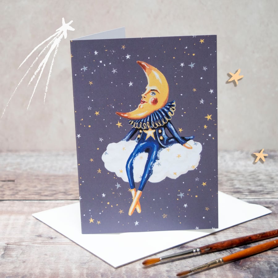 Blank greeting note card, A6, of Charlie the moon man on a cloud