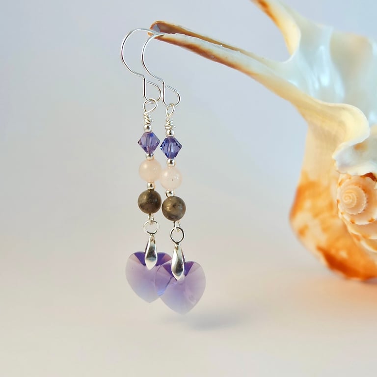 Purple Crystal Heart Earrings, Wedding, Anniversary, Birthday, Bridesmaid Gifts