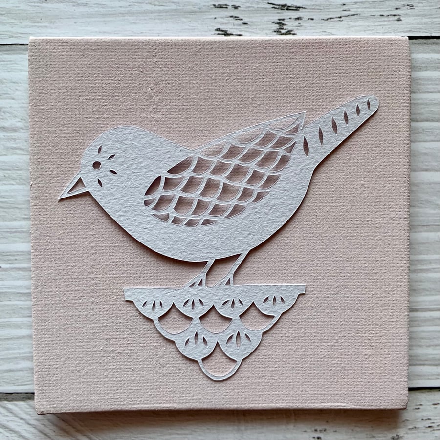 Mini Bird 'Dorothy' Original Hand Cut Papercut on Canvas - White