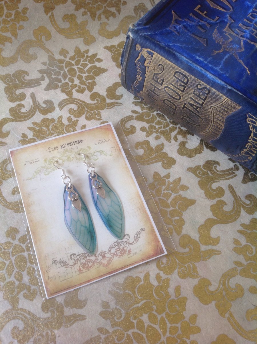 Blue Goddess Iridescent Medium Fairy Wing Sterling Silver Earrings