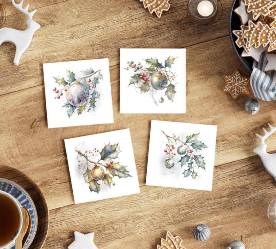 Watercolour Print Holly and Bauble Christmas Cards