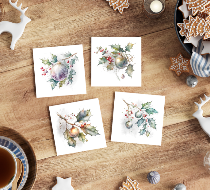 Watercolour Print Holly and Bauble Christmas Cards