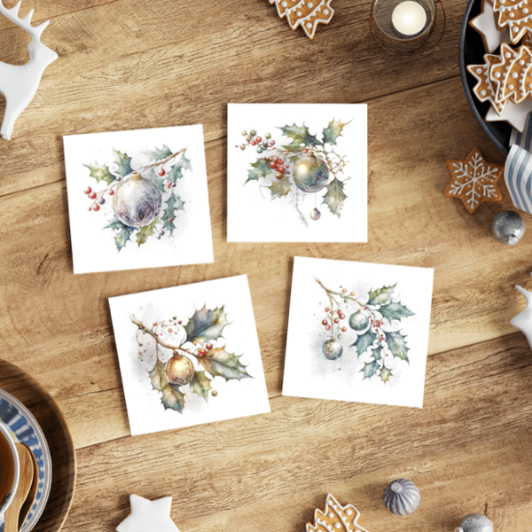 Watercolour Print Holly Christmas Card Pack of 4