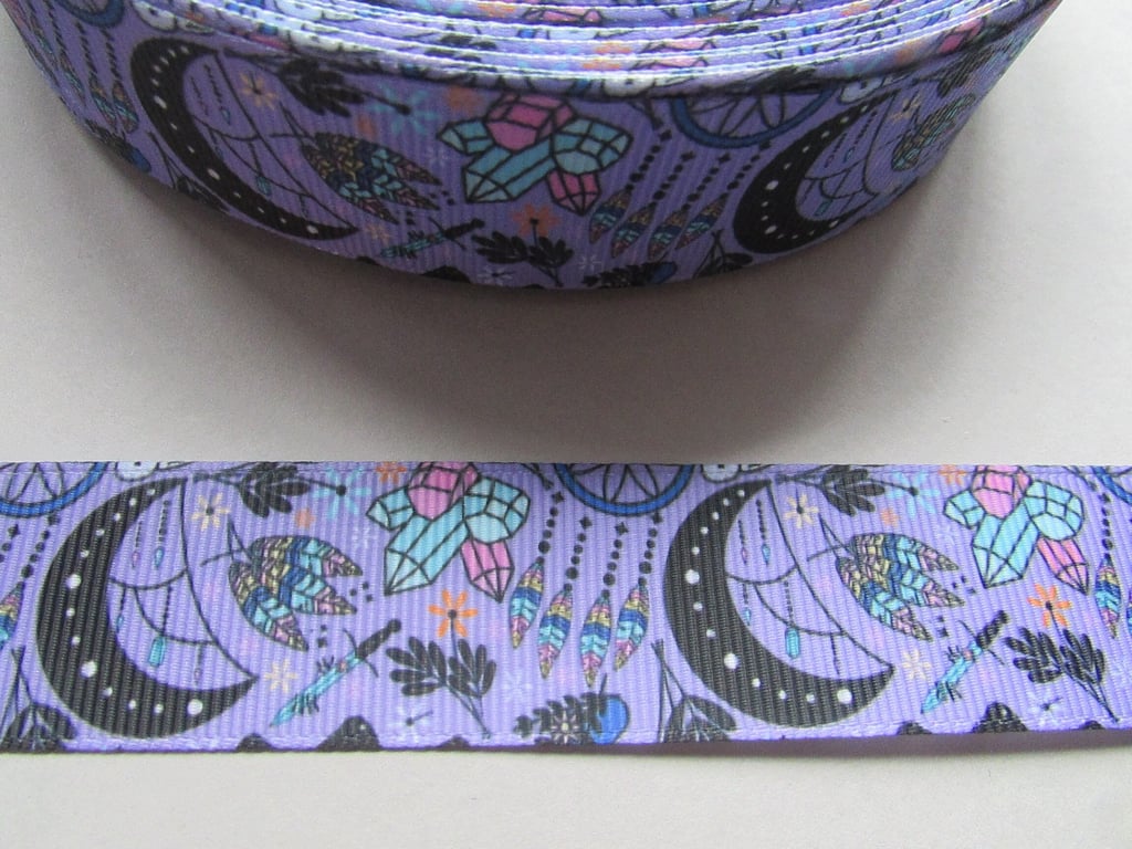Magic Enchanted Moon & Crystals 2.5cm Grosgrain Ribbon x 1 metre