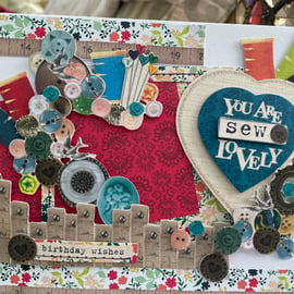 Sewing, buttons, cotton reels, pins and tape measures Happy Birthday card