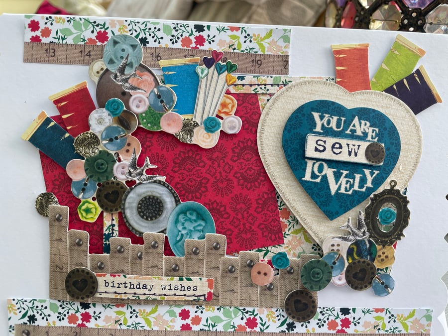 Sewing, buttons, cotton reels, pins and tape measures Happy Birthday card