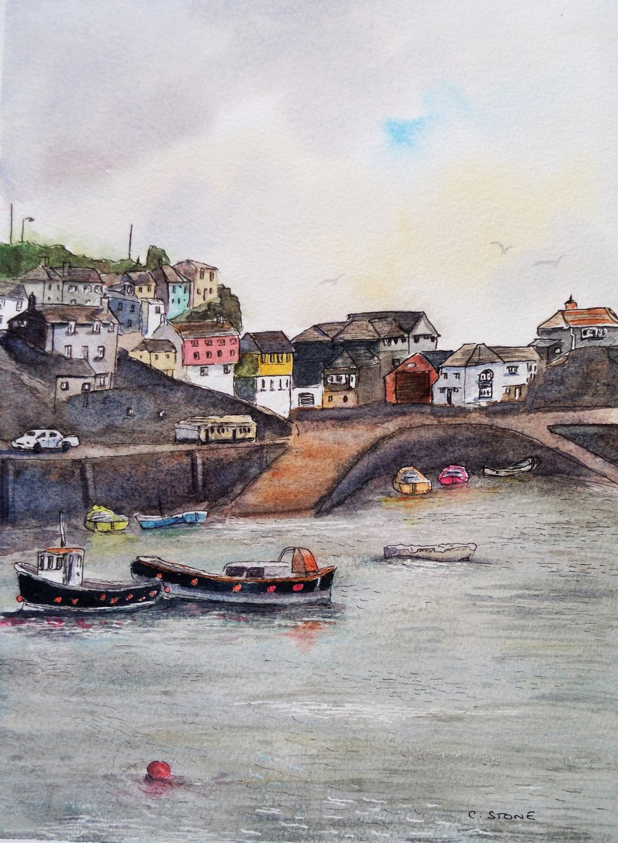 Original watercolour painting of Mevagissey Harbour, East Quay, Cornwall