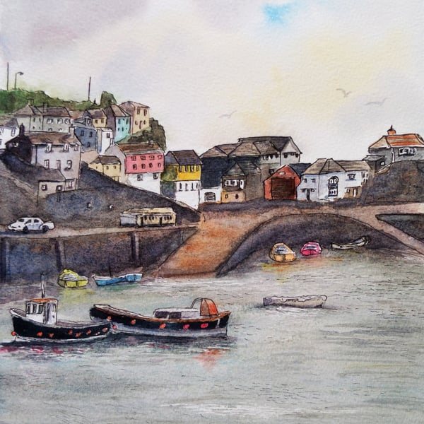 Original watercolour painting of Mevagissey Harbour, East Quay, Cornwall