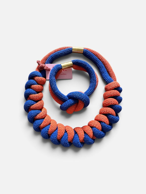 Blue and Burnt Orange Statement Necklace and Bracelet Set – Handmade Recycled Co