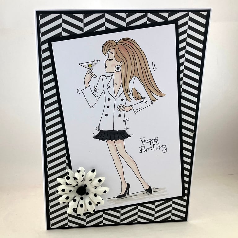 Monochrome birthday card - girl drinking cocktail