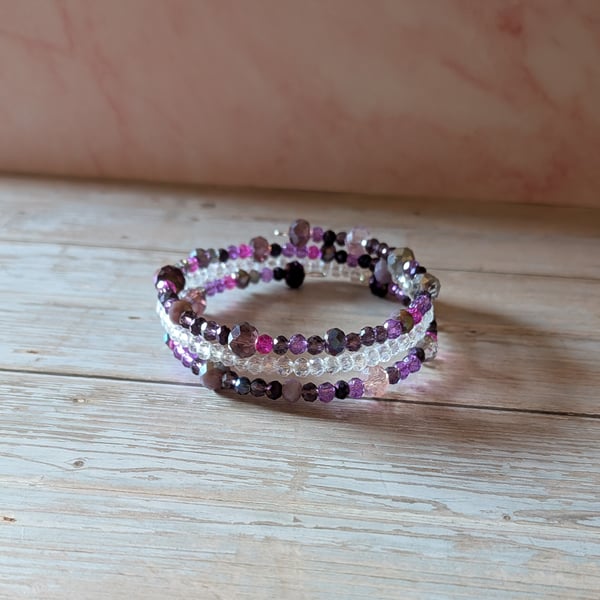Berry Sorbet, Pink & Purple 3-Layer Glass Bead Wrap Bracelet