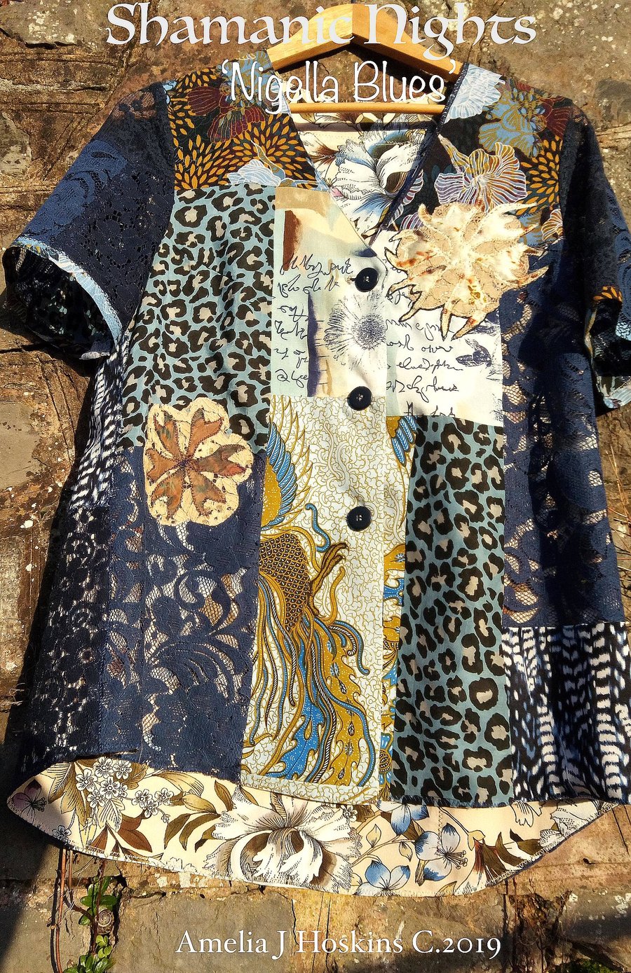 Nigella Blues short patchwork buttoned smock dress with applique