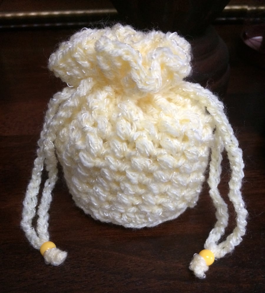 Luxury Hand Crocheted Lemon Yellow Sparkly Drawstring Bag Gift Pouch Purse