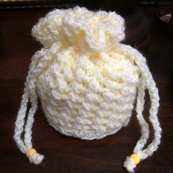 Luxury Hand Crocheted Lemon Yellow Sparkly Drawstring Bag Gift Pouch Purse