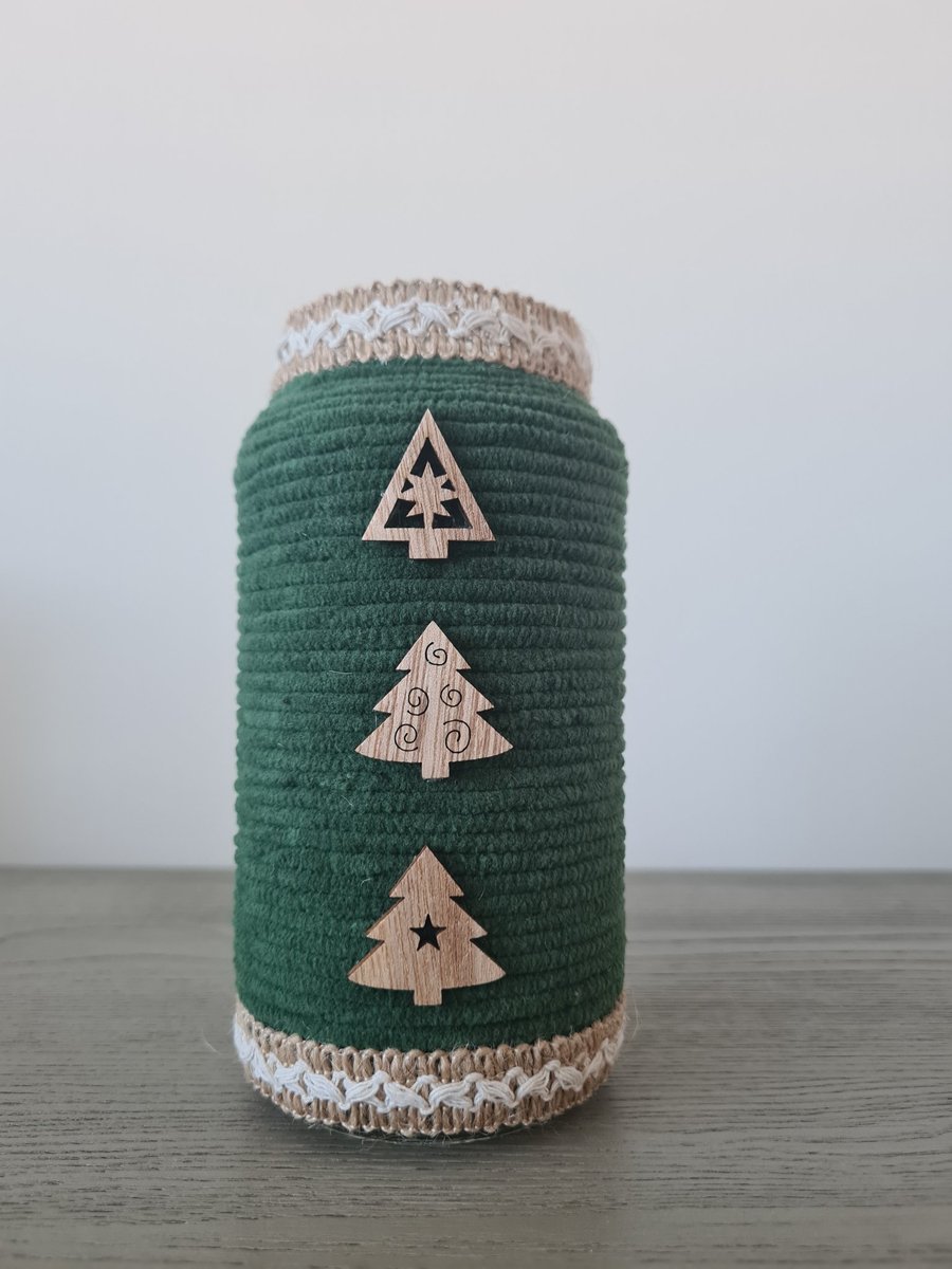 Forest Green Yarn Wrapped Christmas Jar, Rustic Home Decor