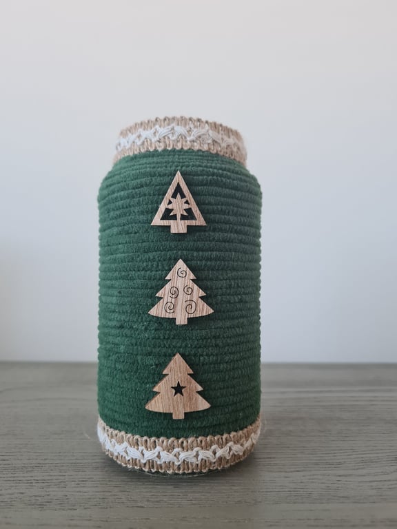 Forest Green Christmas Vase - Yarn Wrapped - Rustic Festive Decor 
