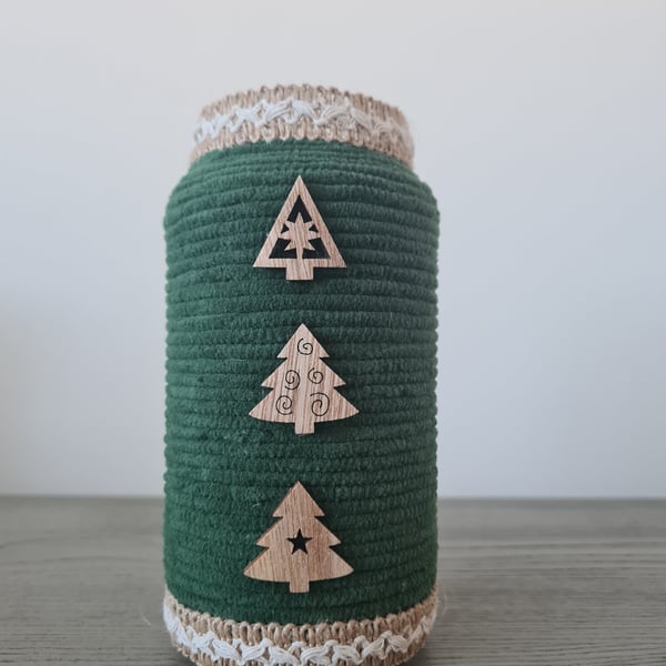 Forest Green Yarn Wrapped Christmas Jar, Rustic Home Decor
