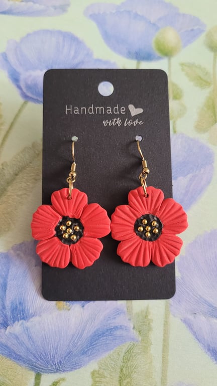 Handmade Polymer Clay Poppy Earrings.  316 Stainless Steel. Remembrance Day