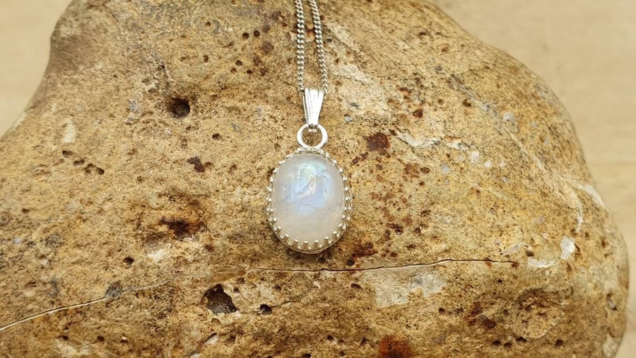 Tiny minimalist Rainbow Moonstone Pendant necklace. June Birthstone
