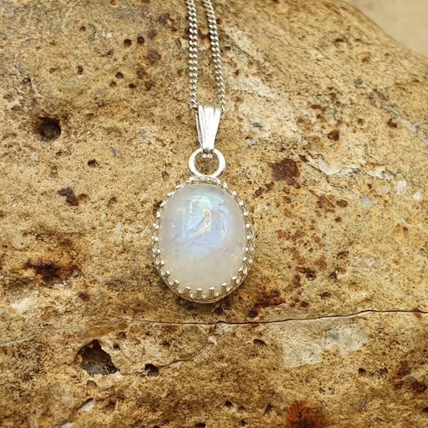 Tiny minimalist Rainbow Moonstone Pendant necklace. June Birthstone