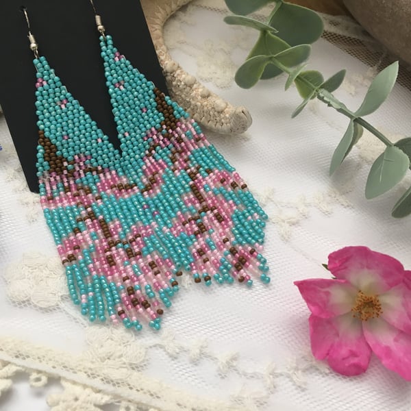 Hand beaded fringe Cherry Blossom earrings, delicate earrings, gift for her