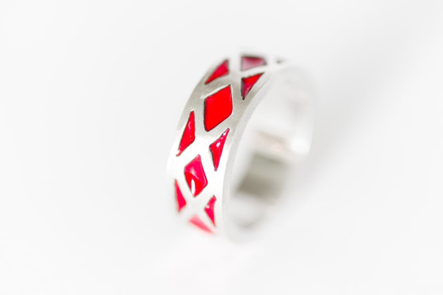 Red Enamel Sterling Silver,  Jihe Symmetrical Ring 